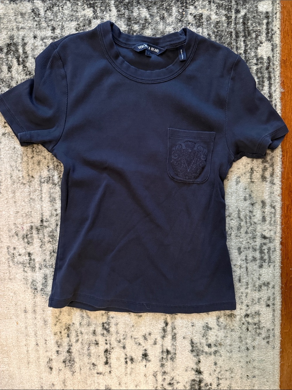 Veronica Beard Kids Navy Embroidered Pocket Tee